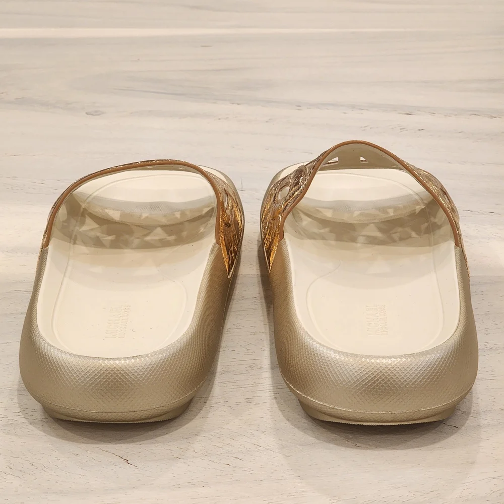 MICHAEL Michael Kors Splash Metallic Pale Gold Leather Slide Sandal Size 9 - Picture 8 of 11